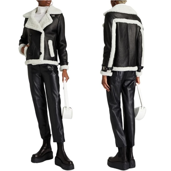 Muubaa London | NWT Black Leather Finish Button Front Shearling Jacket - Sz UK12 - Picture 1 of 12